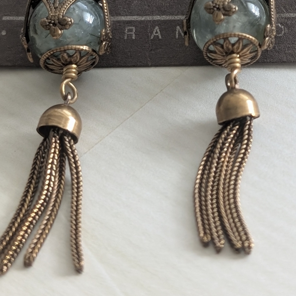 Jan Michaels of San Francisco Artisan Earring Green Glasss Stone & Brass - Picture 2 of 7